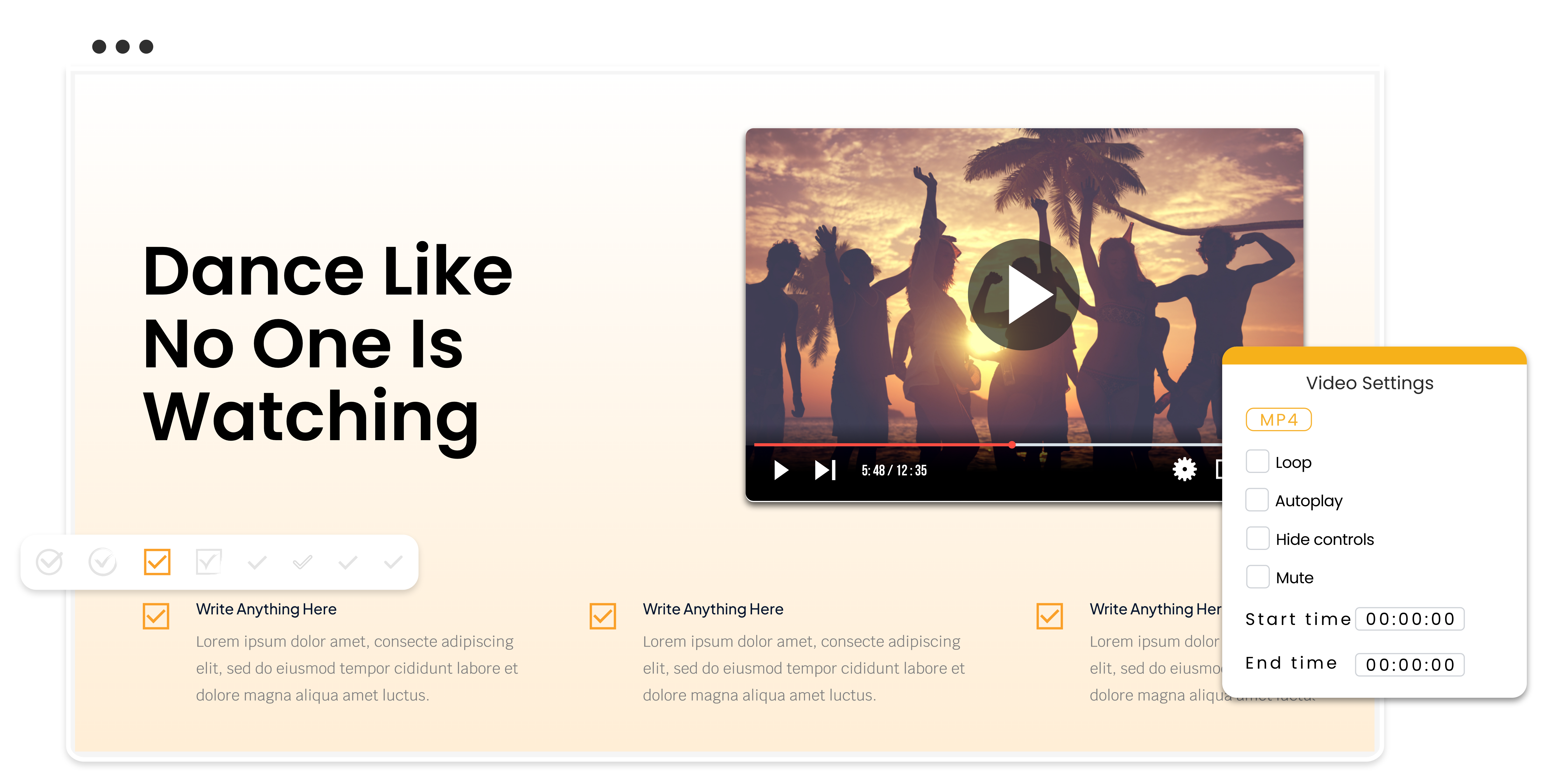 Une diapositive illustrant les paramètres et les commandes vidéo, et des personnes dansant au coucher du soleil sur une plage dans le cadre du navigateur.